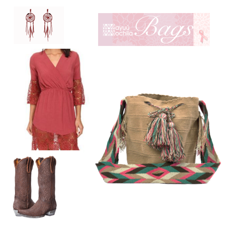 An outfit inspiration picture collage pairing a solid color beige Wayuu Bag with a pink, blue, beige and brown arrow patterned strap with a red lacy dress, rose brown cowboy boots and dream catcher inspired earrings